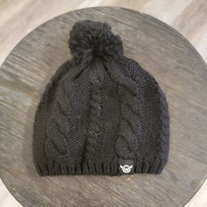 Moosejaw Fleece Lined Cable Knit Pom Pom Beanie Wool Blend Hat Black